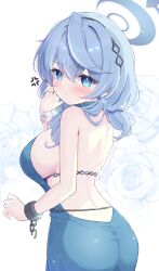 Rule 34 | 1girl, ako (blue archive), ako (dress) (blue archive), ass, backless dress, backless outfit, blue archive, blue dress, blue eyes, blue hair, blush, breasts, butt crack, closed mouth, cuffs, dress, hair between eyes, handcuffs, highres, large breasts, long hair, mikaze oto, nail polish, official alternate costume, sideboob, sleeveless, sleeveless dress, solo, upper body