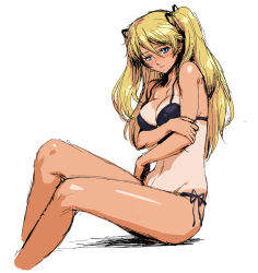 Rule 34 | 1girl, bikini, black bikini, blonde hair, blue eyes, breasts, chyko7080, cleavage, crossed arms, freckles, hair ribbon, holding own arm, large breasts, lips, long hair, looking at viewer, navel, original, ribbon, side-tie bikini bottom, simple background, sitting, sketch, solo, swimsuit, tan, tanline, twintails, white background