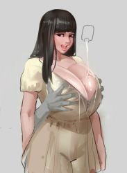 Rule 34 | 1girl, black eyes, black hair, breasts, cleavage, disembodied hand, dress, grabbing, grabbing another&#039;s breast, grabbing from behind, grey background, groping, hime cut, huge breasts, kairunoburogu, long dress, long hair, looking back, lotion bottle, lotion play, nose, open mouth, original, sketch, smile, solo, solo focus, suggestive fluid, white dress