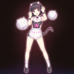 Rule 34 | 1girl, absurdres, apron, artist request, black hair, bow, cat, cat girl, cat tail, cytus, cytus ii, full body, hair bow, highres, maid apron, multicolored hair, non-humanoid robot, original, paw pose, pink hair, robot, robot animal, smile, streaked hair, tail, two-tone hair
