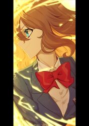 Rule 34 | 1girl, absurdres, asteli i, black jacket, blue eyes, bow, bowtie, brown hair, collared shirt, commentary, electricity, highres, jacket, long hair, profile, red bow, red bowtie, shiroi hana (virtua unlimited project), shirt, smile, solo, symbol-only commentary, upper body, virtua unlimited project, white shirt