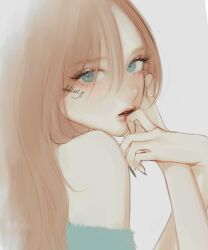Rule 34 | 1girl, blue eyes, eyelashes, eyeshadow, from side, hand to own mouth, hands up, highres, jewelry, light brown hair, long hair, looking at viewer, makeup, nail polish, off-shoulder shirt, off shoulder, original, parted lips, portrait, ring, shirt, solo, takenaka