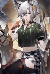 Rule 34 | 1girl, :p, absurdres, animal ears, arknights, between breasts, breasts, commentary request, crop top, crop top overhang, food, grani (arknights), grani (miraculous moment) (arknights), grey shirt, highres, hip vent, holding, holding food, ice cream, ice cream cone, long hair, midriff, navel, necktie, necktie between breasts, official alternate costume, ponytail, purple eyes, saliva, saliva trail, shirt, short sleeves, silver hair, solo, striped necktie, striped neckwear, thighs, tongue, tongue out, wristband, yushe quetzalli