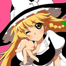 Rule 34 | 1girl, anime coloring, blonde hair, blowing kiss, blush, bow, braid, hat, hat bow, kirisame marisa, long hair, looking at viewer, moyashi (m-planter), one eye closed, outstretched arms, side braid, solo, touhou, witch hat, yekong, yellow eyes