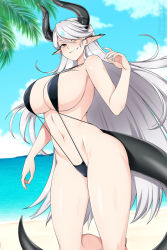 Rule 34 | 1girl, bare arms, bare legs, beach, black one-piece swimsuit, blue sky, breasts, cloud, dragon girl, dragon horns, epic seven, grin, horns, huge breasts, legs, lindaroze, long hair, luna (epic seven), navel, ocean, one-piece swimsuit, pointy ears, red eyes, sand, sky, slingshot swimsuit, smile, solo, standing, swimsuit, tail, very long hair, white hair