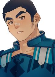 Rule 34 | 1boy, armor, bandaid, bandaid on face, bandaid on nose, bara, basil (crave saga), black hair, blush, brown eyes, collarbone, crave saga, eyebrow cut, facial hair, highres, long sideburns, looking at viewer, male focus, parted lips, short hair, sideburns, sideburns stubble, simple background, solo, stubble, sweat, thick eyebrows, usuki (usukine1go), very short hair, white background