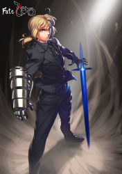 Rule 34 | 1girl, absurdres, armor, artoria pendragon (fate), azusa (hws), energy sword, fate/zero, fate (series), formal, gauntlets, gloves, highres, long hair, necktie, pant suit, pants, ponytail, saber (fate), solo, suit, sword, weapon