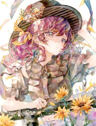 1girl :o artist_name black_hat black_shirt breast_pocket buttons collared_shirt crop_top curled_fingers flower frilled_sleeves frills hair_ribbon hand_on_headwear hand_on_railing hand_up hat highres looking_to_the_side midriff navel original outdoors painting_(medium) parted_lips plaid_ribbon pocket purple_eyes purple_hair ribbon shirt short_sleeves solo standing traditional_media twintails upper_body watercolor_(medium) yellow_flower yellow_ribbon yukoring