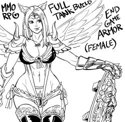 Rule 34 | 1girl, angel wings, animal ear fluff, animal ears, armor, bb (baalbuddy), bikini, bikini armor, breasts, circlet, cleavage, closed mouth, cowboy shot, english text, feathered wings, female focus, gauntlets, greyscale, highres, holding, holding shield, jewelry, large breasts, long hair, monochrome, navel, necklace, original, shield, shoulder spikes, side-tie bikini bottom, simple background, smile, solo, spikes, standing, swimsuit, thigh gap, thighhighs, white background, wide hips, wings