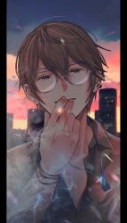 Rule 34 | 1boy, backlighting, blue sky, brown eyes, brown jacket, brown shirt, cigarette, cityscape, cloud, cloudy sky, collared shirt, commentary request, double-parted bangs, dusk, ear piercing, earrings, fingernails, glasses, glint, grey-framed eyewear, hair between eyes, half-closed eyes, highres, holding, holding cigarette, jacket, jewelry, looking at viewer, male focus, multicolored sky, necklace, nuu (liebe sk), open collar, open mouth, outdoors, piercing, pillarboxed, pink clouds, pink sky, portrait, round eyewear, serizawa tomoya, shirt, single earring, sky, smile, smoke, solo, stud earrings, suzume no tojimari, yellow sky