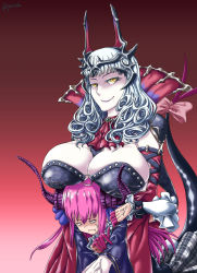 Rule 34 | 2girls, anger vein, breast rest, breasts, carmilla (fate), cleavage, ascot, curly hair, detached sleeves, elizabeth bathory (fate), elizabeth bathory (fate), fate/extra, fate/extra ccc, fate/grand order, fate (series), frills, headgear, highres, horns, hug, hug from behind, huge breasts, lipstick, long hair, makeup, multiple girls, pink hair, red background, ribbon, silver hair, skirt, smile, tail, wide sleeves, yellow eyes