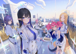 Rule 34 | 6+girls, ^ ^, absurdres, ahoge, aoi (blue archive), ayumu (blue archive), black hair, black pantyhose, blonde hair, blue archive, blue hair, blue necktie, building, cake, cake slice, cleavage cutout, closed eyes, clothing cutout, coat, colored inner hair, dong ji, dress, food, fork, general student council president (blue archive), glasses, gloves, haine (blue archive), halo, highres, holding, holding fork, holding saucer, kaya (blue archive), looking at viewer, momoka (blue archive), multicolored hair, multiple girls, necktie, pantyhose, parted bangs, perspective, pink hair, pointy ears, purple hair, rimless eyewear, rin (blue archive), rooftop, saucer, short hair, skirt, sumomo (blue archive), twintails, two-tone hair, white coat, white dress, white gloves, white skirt