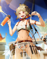 Rule 34 | 1girl, arknights, arm strap, bare arms, bare shoulders, beach umbrella, bikini, blonde hair, blue sky, chest sarashi, collarbone, commentary, cowboy shot, day, demon girl, demon horns, demon tail, food, hands up, highres, holding, holding food, horns, ifrit (arknights), ifrit (sunburn) (arknights), kebab, material growth, nail polish, navel, nishitaka, official alternate costume, open mouth, orange eyes, orange nails, oripathy lesion (arknights), outdoors, oven mitts, rhine lab logo, sarashi, see-through, sharp teeth, short hair, sky, solo, spatula, standing, stomach, swimsuit, tail, teeth, thighs, tongue, tongue out, umbrella, white bikini