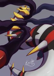Rule 34 | absurdres, black sclera, colored sclera, commentary request, creatures (company), game freak, gen 4 pokemon, giratina, giratina (origin), grey background, highres, horns, kaichi (tomiyu25), legendary pokemon, nintendo, no humans, pokemon, pokemon (creature), red eyes, signature, simple background, solo, spikes