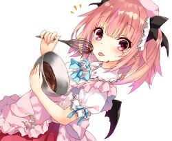 Rule 34 | 1girl, apron, bat ornament, bat wings, black bow, blue bow, bow, bowl, chocolate, dutch angle, ear ornament, facial mark, food, food on face, hair bow, hat, highres, holding, holding bowl, holding whisk, iriam, light blush, looking at viewer, pink apron, pink eyes, pink hair, red skirt, saeki touma, shirt, short sleeves, simple background, skirt, solo, sweatdrop, tongue, tongue out, two side up, valentine, virtual youtuber, whisk, white background, white shirt, wings, yumemi tete