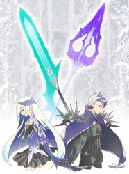 Rule 34 | 1boy, 1girl, armor, back-to-back, black armor, black gloves, black shirt, black skirt, blue eyes, brynhildr (fate), brynhildr romantia, cape, cowboy shot, dagger, fate/grand order, fate (series), glasses, gloves, grey background, holding hands, huge weapon, knife, lapis429, long hair, male focus, multicolored hair, neckerchief, polearm, profile, purple cape, purple eyes, purple gloves, purple hair, sailor collar, shirt, signature, sigurd (fate), skirt, smile, solo, spear, spikes, sword, symmetry, two-tone hair, weapon, white hair, white sailor collar, yellow neckerchief