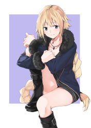 Rule 34 | 1girl, absurdres, amu (258shin), black footwear, black shirt, blonde hair, blouse, blue eyes, blue jacket, blush, boots, braid, braided ponytail, commentary request, fate/apocrypha, fate (series), fur-trimmed jacket, fur-trimmed sleeves, fur trim, highres, hugging own legs, jacket, jeanne d&#039;arc (fate), jeanne d&#039;arc (ruler) (fate), jeanne d&#039;arc alter (fate), jeanne d&#039;arc alter (ver. shinjuku 1999) (fate), jewelry, knee up, long hair, looking at viewer, necklace, official alternate costume, open clothes, open jacket, outside border, purple background, shirt, simple background, single braid, sitting, solo, very long hair, white background