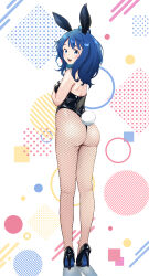 1girl absurdres ahoge animal_ears black_footwear black_leotard blue_eyes blue_hair breasts fishnet_pantyhose fishnets from_behind full_body high_heels highres leotard looking_at_viewer looking_back make_heroine_ga_oo_sugiru! mashiroshiro medium_breasts medium_hair pantyhose playboy_bunny rabbit_ears rabbit_tail solo strapless strapless_leotard tail thong_leotard white_background yanami_anna