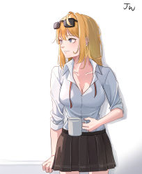 Rule 34 | 1girl, absurdres, artist name, blonde hair, blue eyes, breasts, brown skirt, cleavage, closed mouth, collarbone, cup, eyewear on head, girls&#039; frontline, highres, holding, holding cup, jw (wrdawrda), kalina (girls&#039; frontline), long hair, looking away, medium breasts, shirt, skirt, solo, standing, white background, white shirt