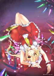 Rule 34 | 1girl, bad id, bad pixiv id, blonde hair, dress, female focus, flandre scarlet, fuyouchu, hat, long hair, lying, on back, red eyes, side ponytail, solo, thigh gap, touhou, upside-down, wings, wrist cuffs