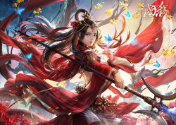 Rule 34 | 1girl, black hair, bug, butterfly, commentary request, flower, green eyes, holding, holding lance, holding polearm, holding weapon, insect, jewelry, kdash, lance, light particles, lips, long hair, looking at viewer, original, polearm, realistc, realistic, red flower, red rose, rose, solo, tree, weapon, yellow flower