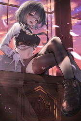 Rule 34 | 1girl, :d, absurdres, black eyes, black footwear, black skirt, black thighhighs, black vest, boots, breasts, canizzz, collared shirt, crop top, cropped vest, crossed legs, gloves, grey hair, highres, large breasts, long sleeves, looking at viewer, midriff, miniskirt, mole, mole on thigh, navel, necktie, open mouth, original, shirt, short hair, sitting, skirt, smile, solo, stomach, thighhighs, thighs, torn clothes, torn thighhighs, vest, white gloves, white shirt, zettai ryouiki