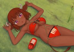 Rule 34 | 1girl, animal ears, bikini, breasts, brown hair, chinese zodiac, cow ears, cow horns, cow tail, dark skin, dark-skinned female, ear tag, female focus, grass, horns, large breasts, looking at viewer, lying, navel, nitera1041, on back, on ground, original, pink eyes, red bikini, short hair, solo, swimsuit, tail, year of the ox