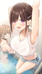 Rule 34 | 2girls, arm behind head, arm up, black choker, blush, breasts, brown hair, childhood friend-chan (ramchi), choker, cleavage, collarbone, hair ornament, highres, hime-chan (ramchi), large breasts, looking at viewer, midriff, multiple girls, navel, open mouth, original, partially submerged, pool, purple eyes, ramchi, shirt, short hair, shorts, smile, speech bubble, thighs, tied shirt, water, white shirt, x hair ornament