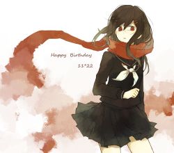 Rule 34 | 163yunatsu, 1girl, birthday, black hair, black sailor collar, black serafuku, black skirt, blood, blood stain, clenched hand, cowboy shot, cropped legs, dated, english text, enpera, floating scarf, hair between eyes, hair ornament, hairpin, happy birthday, kagerou project, limited palette, long sleeves, looking away, mekakucity actors, multiple hairpins, neckerchief, parted lips, pleated skirt, red eyes, red scarf, sailor collar, scarf, school uniform, serafuku, skirt, sleeve cuffs, solo, tateyama ayano, tearing up, upper body, white background, white neckerchief