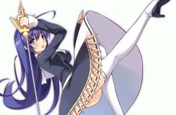 Rule 34 | 1girl, ahoge, blue eyes, blue hair, boots, breasts, chestnut mouth, hairband, huge ahoge, iroha (unyun), leg up, long hair, matching hair/eyes, orie ballardiae harada, rapier, simple background, solo, sword, thigh boots, thighhighs, under night in-birth, very long hair, weapon, white thighhighs
