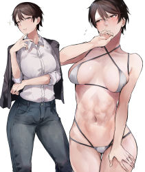 Rule 34 | 1girl, absurdres, arm under breasts, bikini, blush, breasts, brown eyes, brown hair, collarbone, collared shirt, cowboy shot, criss-cross halter, cropped legs, denim, flying sweatdrops, grey jacket, hair between eyes, halterneck, highres, jacket, jacket on shoulders, jeans, kyoyakyo, large breasts, looking at viewer, looking to the side, navel, original, pants, parted lips, shirt, short hair, simple background, solo, sweatdrop, swimsuit, white background