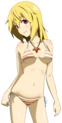 Rule 34 | 10s, 1girl, bikini, blonde hair, breasts, charlotte dunois, cleavage, extraction, highres, infinite stratos, jewelry, long hair, looking at viewer, matoryou shika, medium breasts, navel, necklace, orange bikini, purple eyes, side-tie bikini bottom, smile, solo, standing, striped bikini, striped clothes, swimsuit, transparent background, underboob
