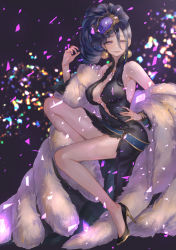 Rule 34 | 1girl, blue hair, bracelet, breasts, cleavage, closed mouth, coat, confetti, curly hair, dress, earrings, fur coat, hair ornament, hand on own hip, headdress, high heels, highres, jewelry, kaguya (sinoalice), large breasts, lipstick, long hair, looking at viewer, makeup, nail polish, ojo aa, purple eyes, purple nails, side ponytail, sinoalice, skull hair ornament, smile, solo