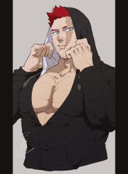 Rule 34 | 1boy, alternate costume, bara, beard, black jacket, blue eyes, boku no hero academia, cropped torso, endeavor (boku no hero academia), facial hair, highres, hood, hood up, jacket, large pectorals, looking at viewer, mahoubin (totemo hot dayo), male focus, mature male, muscular, muscular male, partially unbuttoned, pectoral cleavage, pectorals, red hair, scar, scar across eye, scar on face, short hair, sideburns, solo, spiked hair, stubble