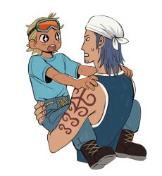 Rule 34 | 2boys, age difference, aged down, back, bandana, blonde hair, blue hair, carrying, carrying person, cropped torso, dark-skinned male, dark skin, eye contact, facial hair, full body, goatee stubble, goggles, goggles on head, hands on another&#039;s shoulders, highres, iceburg, jakkenpoy, looking at another, male focus, medium hair, multiple boys, one piece, open mouth, orange-tinted eyewear, paulie, purple lips, shoulder tattoo, simple background, sparkling eyes, stubble, sweatdrop, tattoo, tinted eyewear, white background, white bandana