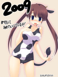 Rule 34 | 00s, 1girl, 2009, animal print, blue eyes, blush, brown hair, cow girl, cow horns, cow print, ezakishii, highres, horns, new year, one-piece swimsuit, school swimsuit, solo, surprised, swimsuit, translated, twintails