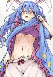 Rule 34 | 1girl, animal ears, bloomers, bloomers pull, blue dress, blue hair, blush, breasts, clothes lift, crescent, dress, dress lift, earclip, frilled dress, frilled sleeves, frills, highres, long braid, long hair, looking at viewer, midriff, neko mata, open mouth, puffy short sleeves, puffy sleeves, rabbit ears, red eyes, red ribbon, ribbon, ribs, seiran (touhou), short sleeves, simple background, slit pupils, small breasts, solo, star (symbol), sweat, touhou, underboob, underwear, white background, white bloomers