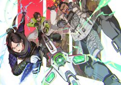 Rule 34 | 1girl, 2boys, absurdres, animification, apex legends, axe, black hair, blue eyes, breasts, charging forward, crypto (apex legends), dark-skinned male, dark skin, drone, electricity, finger gun, floating scarf, gibraltar (apex legends), glowing, green sleeves, grey scarf, hack (apex legends), hair behind ear, hair bun, highres, holding, holding axe, holding knife, jacket, knife, medium breasts, multiple boys, nemoto yuuma, open hand, open mouth, scarf, single hair bun, v-shaped eyebrows, white jacket, wraith (apex legends)