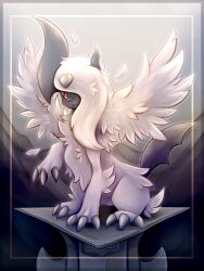 Rule 34 | absol, animal focus, claws, closed mouth, creatures (company), feathered wings, game freak, gen 3 pokemon, horns, kitsuakari, long hair, mega absol, mega pokemon, nintendo, pokemon, pokemon (creature), red eyes, signature, sitting, white hair, wings