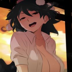 Rule 34 | 1girl, black hair, collarbone, collared shirt, hat, no bra, open mouth, pom pom (clothes), puffy short sleeves, puffy sleeves, red eyes, red hat, shameimaru aya, shirt, short hair, short sleeves, shundou heishirou, solo, sunset, teeth, tokin hat, touhou, unbuttoned, upper teeth only, white shirt
