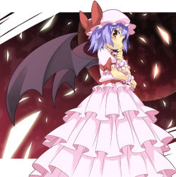 Rule 34 | 1girl, bat wings, chacha (tyatya), dress, female focus, frills, gathers, hat, looking at viewer, red eyes, remilia scarlet, smile, solo, touhou, wings, wrist cuffs