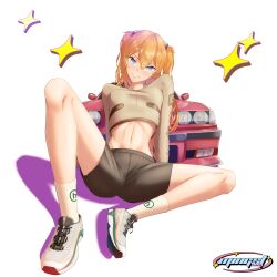 Rule 34 | 1girl, absurdres, artist request, ass, black shorts, blue eyes, breasts, brown hair, car, casual, full body, hair ornament, highres, interface headset, long hair, looking at viewer, medium breasts, motor vehicle, neon genesis evangelion, shoes, shorts, simple background, smile, sneakers, solo, souryuu asuka langley, two side up, white background