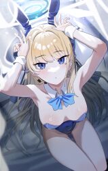 Rule 34 | 1girl, absurdres, animal ears, armpits, arms up, bare shoulders, blonde hair, blue archive, blue eyes, blue leotard, bow, bowtie, breasts, commentary request, covered navel, detached collar, earpiece, fake animal ears, from above, halo, highres, jiki (gkdlfnzo1245), korean commentary, leotard, long hair, looking at viewer, looking up, medium breasts, official alternate costume, parted lips, rabbit ears, sitting, solo, strapless, strapless leotard, thigh gap, thighs, toki (blue archive), toki (bunny) (blue archive), very long hair, wrist cuffs