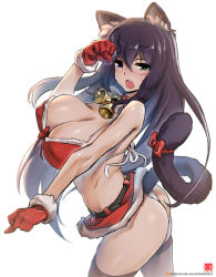 Rule 34 | 1girl, animal ears, ass, bare shoulders, bell, bikini, black hair, blue eyes, bow, breasts, cat ears, cat tail, choker, cleavage, covered erect nipples, cowboy shot, facial mark, fang, from side, fur trim, gao (gaolukchup), gloves, green eyes, hair between eyes, heterochromia, large breasts, long hair, looking at viewer, looking to the side, microskirt, neck bell, open mouth, original, panties, red bow, red gloves, red skirt, santa costume, skirt, solo, swimsuit, tail, tail bow, tail ornament, underwear, whisker markings, white panties