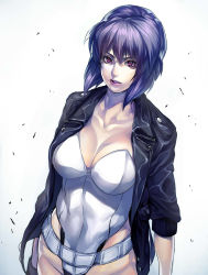 Rule 34 | 1girl, breasts, cleavage, cyborg, fingerless gloves, ghost in the shell, ghost in the shell stand alone complex, gloves, highres, irohara mitabi, jacket, kusanagi motoko, large breasts, leotard, lips, looking at viewer, purple hair, red eyes, short hair, solo