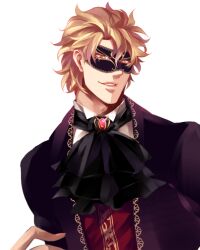 Rule 34 | 1boy, alternate costume, ascot, black ascot, blonde hair, brooch, collared shirt, commentary request, dio brando, domino mask, jacket, jewelry, jojo no kimyou na bouken, long sleeves, male focus, mask, ninoyoru, official alternate costume, phantom blood, purple jacket, red brooch, red eyes, shirt, short hair, simple background, smirk, solo, white background, white shirt