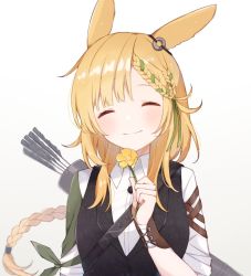 Rule 34 | 1girl, ^ ^, animal ears, arknights, arrow (projectile), black skirt, black vest, blonde hair, braid, closed eyes, closed mouth, collared shirt, commentary, cowboy shot, facing viewer, flower, green hair, highres, holding, holding flower, kroos (arknights), kroos the keen glint (arknights), long hair, multicolored hair, nano mochi, official alternate costume, quiver, rabbit ears, shirt, short sleeves, single braid, skirt, smile, solo, two-tone hair, very long hair, vest, white background, white shirt, yellow flower