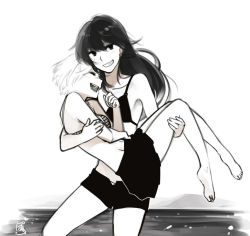 Rule 34 | 2girls, barefoot, bikini, black hair, carrying, collarbone, feet, greyscale, grin, in water, laughing, legs, long hair, md5 mismatch, monochrome, multiple girls, original, poaro, princess carry, resized, short hair, shorts, signature, smile, swimsuit, water, white background
