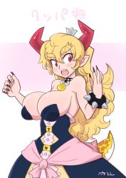 Rule 34 | 1girl, :o, artist name, bare shoulders, black dress, black nails, blonde hair, blush, bowsette, bracelet, breasts, cleavage, collar, cowboy shot, crown, dress, hekaton, horns, jewelry, keyhole, large breasts, lizard tail, long hair, mario (series), nail polish, new super mario bros. u deluxe, nintendo, open mouth, pointy ears, red eyes, sharp teeth, simple background, solo, spiked bracelet, spikes, standing, strapless, strapless dress, super crown, tail, teeth, thick eyebrows, two-tone background, v-shaped eyebrows
