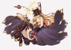 Rule 34 | 10s, 1girl, ;d, arm up, armpits, black footwear, blonde hair, blush, book, boots, brooch, brown thighhighs, cagliostro (granblue fantasy), cape, frilled skirt, frills, full body, granblue fantasy, highres, holding, holding book, jewelry, long hair, looking at viewer, one eye closed, open book, open mouth, over-kneehighs, pak ce, red eyes, red skirt, shirt, simple background, skirt, sleeveless, sleeveless shirt, smile, solo, thighhighs, vial, white background